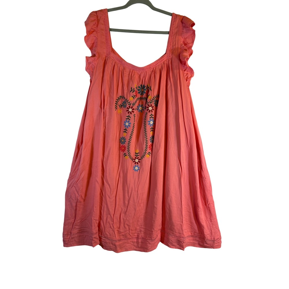 Chic Soul Womens 3XL Coral Pink Floral Embroidered Ruffle Babydoll Dress Pockets